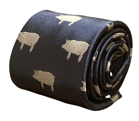 navy blue tie with pig silhouette embroidered design